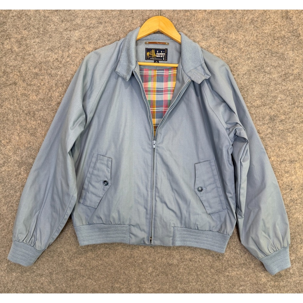 Vintage Derby of San Francisco Bomber Jacket Men Medium Rainbow Lined Light Blue